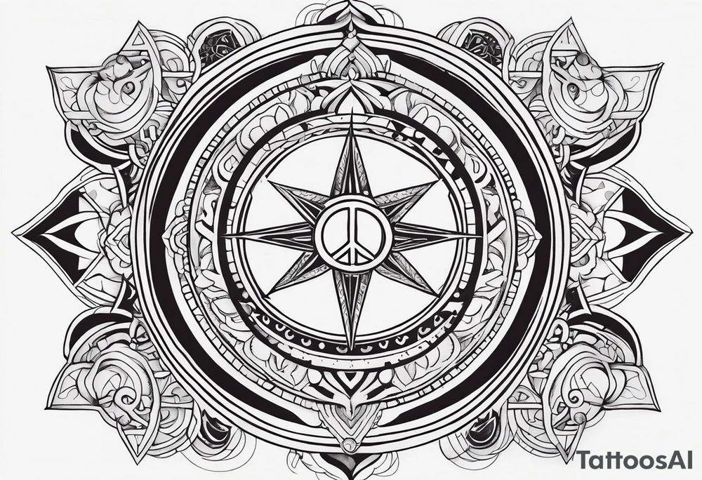 Arm sleeve tattoo with spiritual symbols, sun and moon, 7 chakras, peace symbol and strength that is a mixture of the divine feminine and masculine tattoo idea