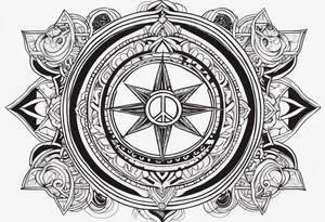 Arm sleeve tattoo with spiritual symbols, sun and moon, 7 chakras, peace symbol and strength that is a mixture of the divine feminine and masculine tattoo idea