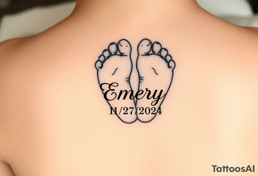 Baby feet with the name Emery and his date of birth in Roman numbers 11/27/2024 and his weight 5 pounds 12 ounces tattoo idea