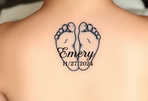 Baby feet with the name Emery and his date of birth in Roman numbers 11/27/2024 and his weight 5 pounds 12 ounces tattoo idea