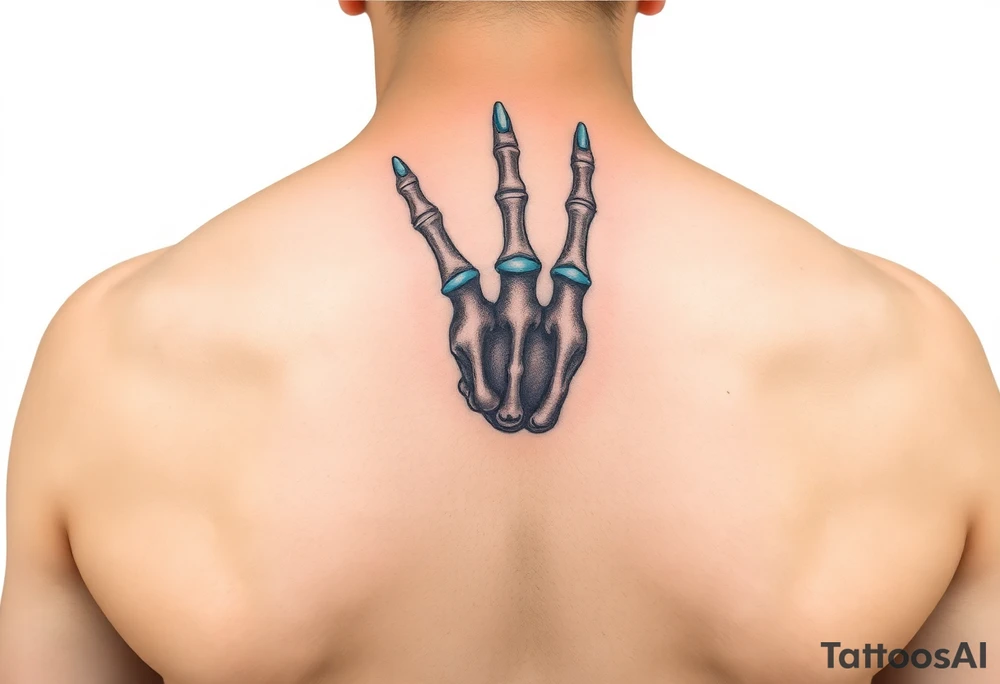 A transparent overlay effect showing the hand's inner mechanical structure, with shimmering metallic blue bones and joints. tattoo idea