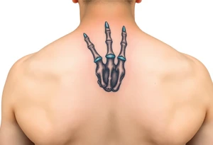A transparent overlay effect showing the hand's inner mechanical structure, with shimmering metallic blue bones and joints. tattoo idea