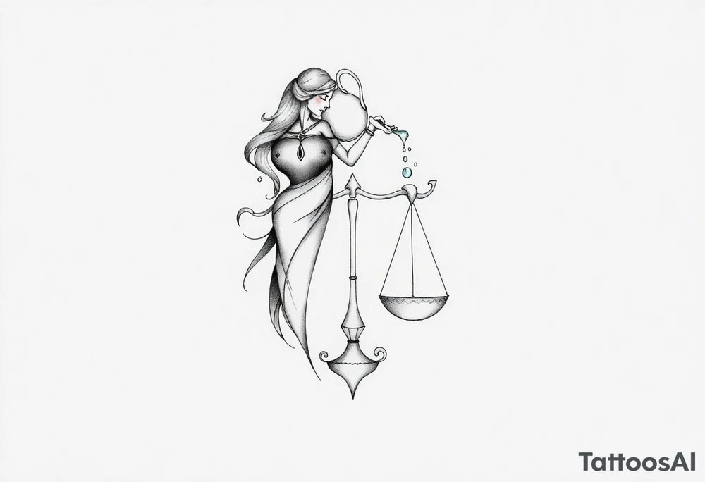 I want a tattoo that combines the Aquarius water bearer and the Libra scales. The water should flow elegantly from the jug, merging into and balancing the scales below. tattoo idea