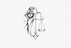 I want a tattoo that combines the Aquarius water bearer and the Libra scales. The water should flow elegantly from the jug, merging into and balancing the scales below. tattoo idea