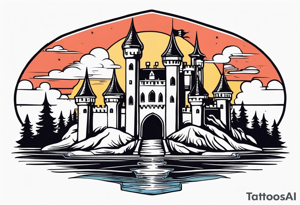 castle vintage tattoo style old school traditional bold color tattoo idea
