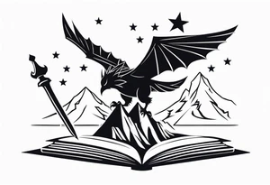 an open fantasy book. a flying dragon. A pawn chess piece. a sword. A raven. Stars with three mountain peaks tattoo idea