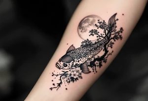 a koi fish swimming upstream in a pond moonlight by the full moon with a sakura tree by the pond surrounded by lighting tattoo idea