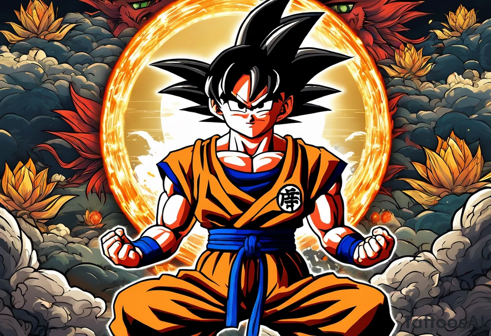 Son-Goku as a child in the foreground and an older version of him as a super saiyajin behind him. A huge dragonball surrounds the whole scenery. Fokus friends are behind him as shadows tattoo idea
