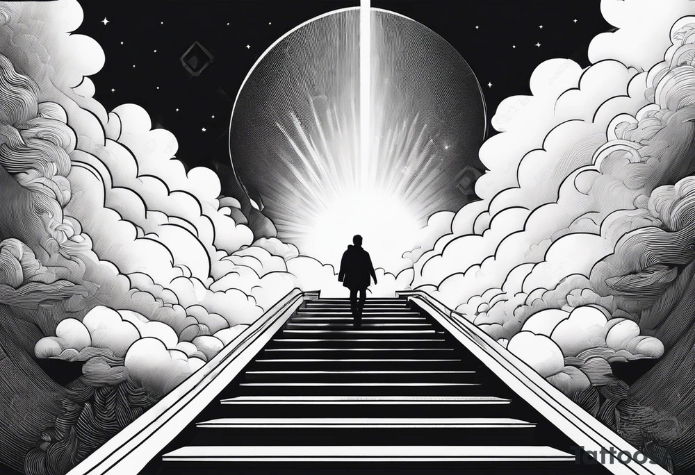 Person walking up stairs into heaven with sun beaming through clouds tattoo idea