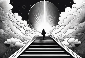 Person walking up stairs into heaven with sun beaming through clouds tattoo idea