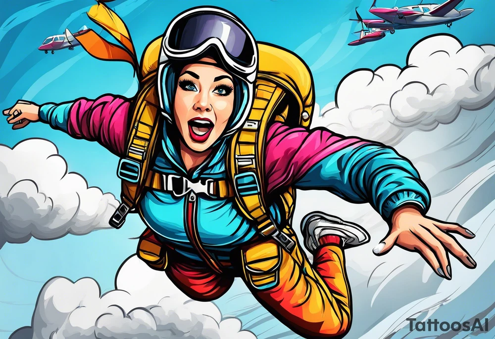 Woman skydiver jumping from plane with parachute tattoo idea