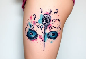 Microphone turntables and music notes graffiti style on a woman's thigh tattoo idea