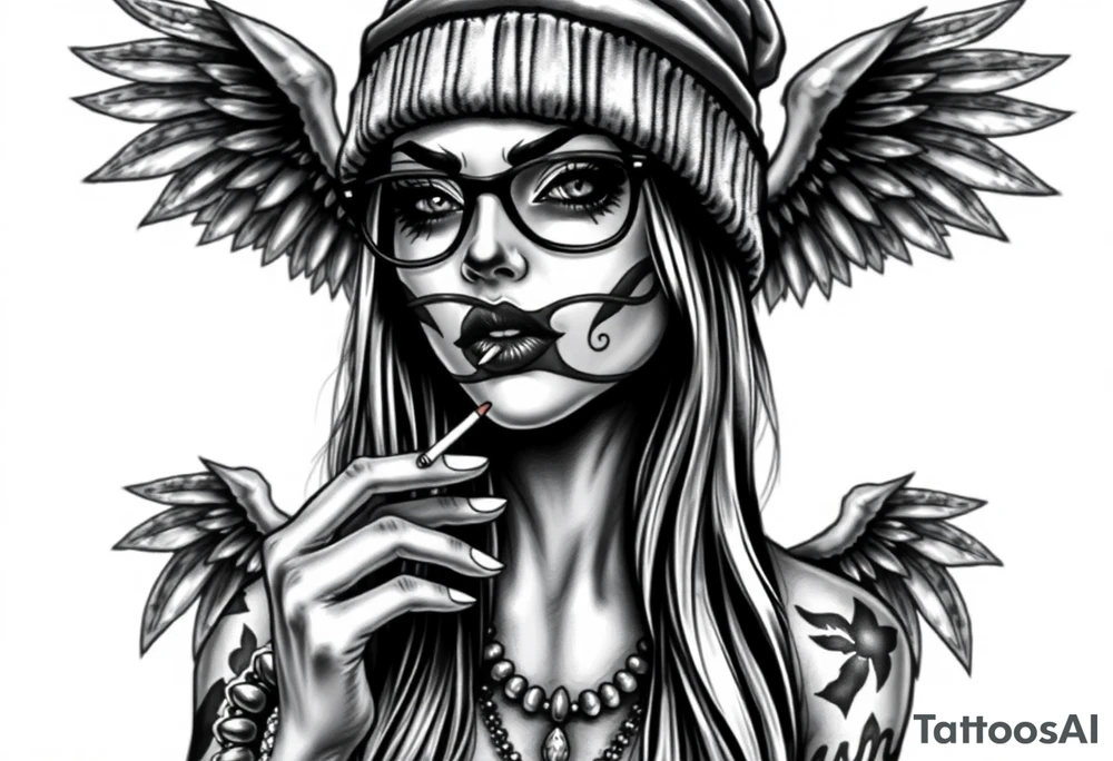 Chicana sexy chunky beautiful long hair clown makeup angel wings thug beanie eyeglasses smoking a cigarette tattoo idea