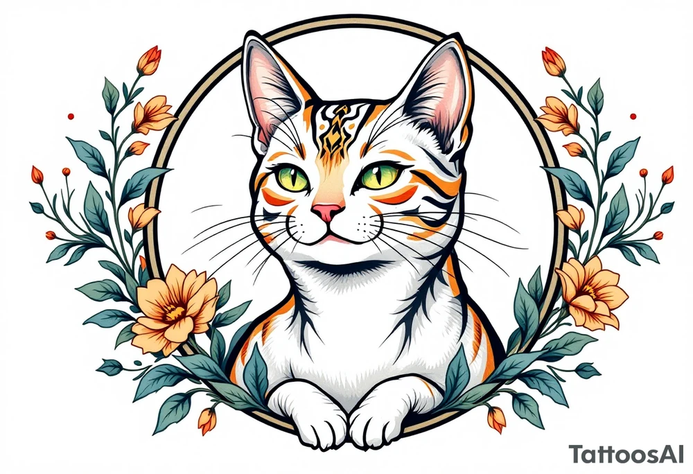 Neo traditional cat just the head and neck in an art nouveau frame tattoo idea