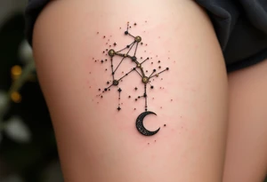 A Sagittarius constellation formed by sparkling dots of gold ink with a black crescent moon hanging below. tattoo idea