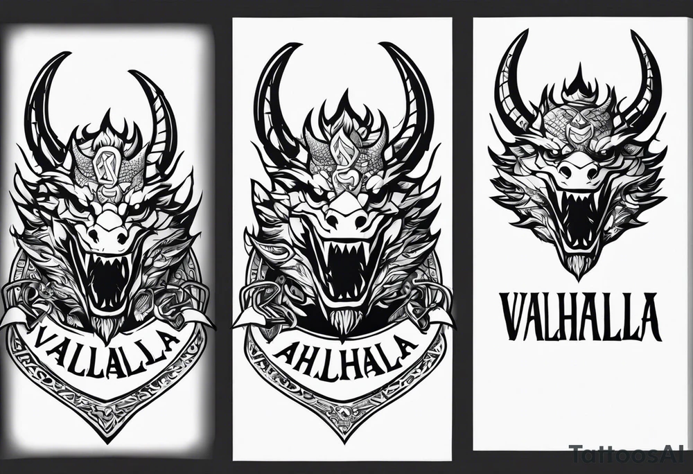 Valhalla sword shield dragon head axe tattoo idea
