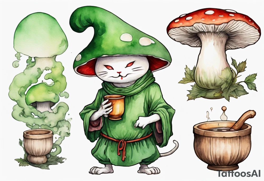a mushroom person with a green cat face with a mushroom hat wearing a medieval tunic drinking from a wood cup, laughing tattoo idea