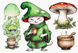 a mushroom person with a green cat face with a mushroom hat wearing a medieval tunic drinking from a wood cup, laughing tattoo idea