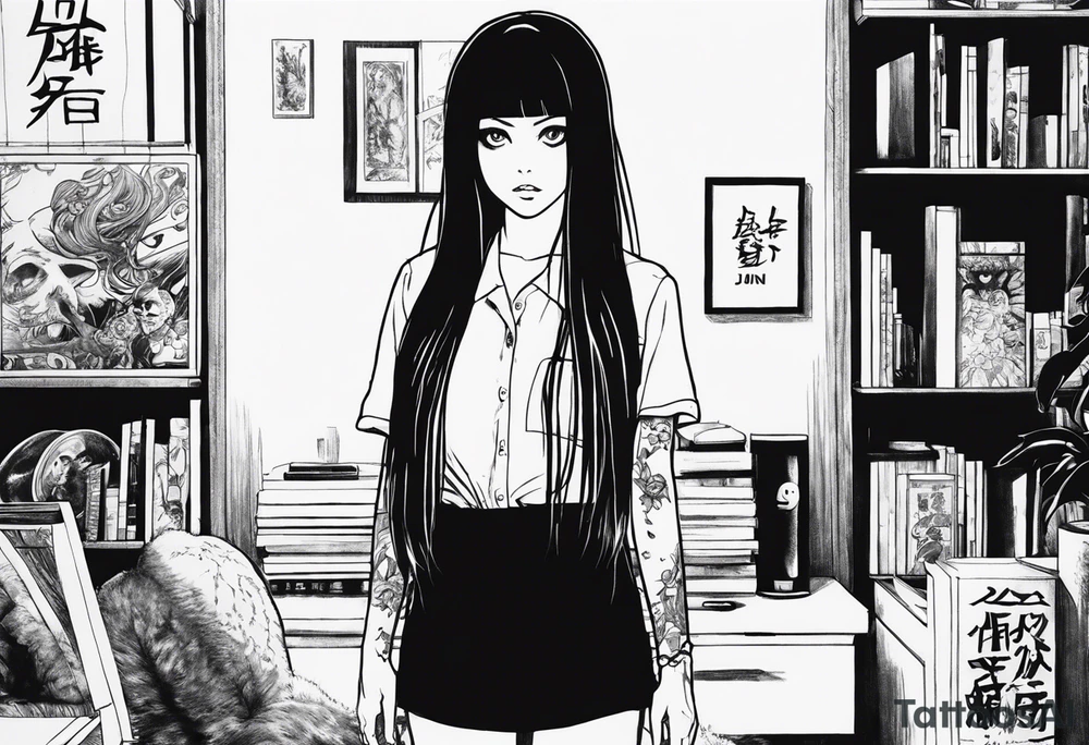 portrait of tomie standing up a character by the horror manga author junji ito full body standing murderously. add more horror and gore elements tattoo idea