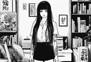 portrait of tomie standing up a character by the horror manga author junji ito full body standing murderously. add more horror and gore elements tattoo idea