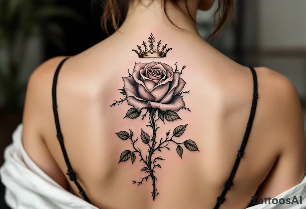 Single rose with 1982 as the stem if the rose with queen if heaetz and crown around or on top of rose with vines and thorns on sholder tattoo idea