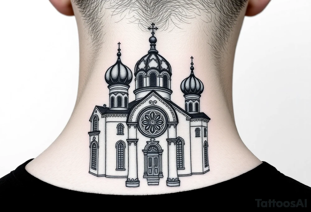medium sized Russian orthodox church with bulb domes with a prominent russian orthodox mosaic tattoo idea