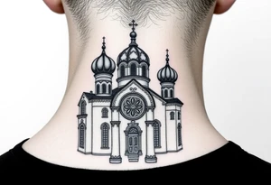 medium sized Russian orthodox church with bulb domes with a prominent russian orthodox mosaic tattoo idea