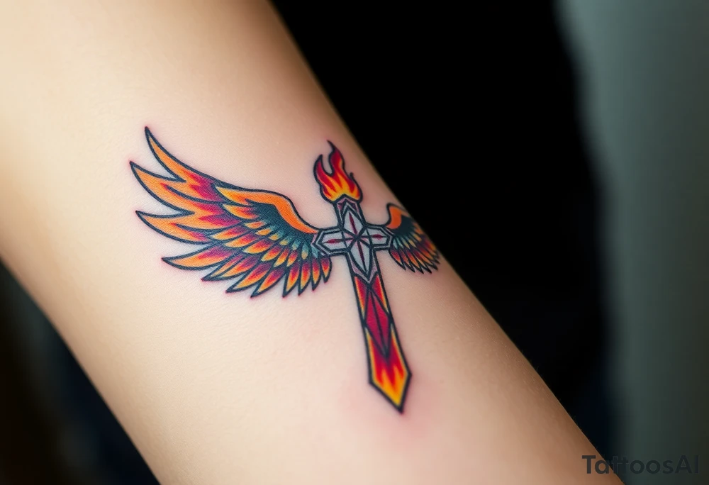 A flaming cross with phoenix wings, colored in shades of red, orange, and yellow, symbolizing rebirth tattoo idea