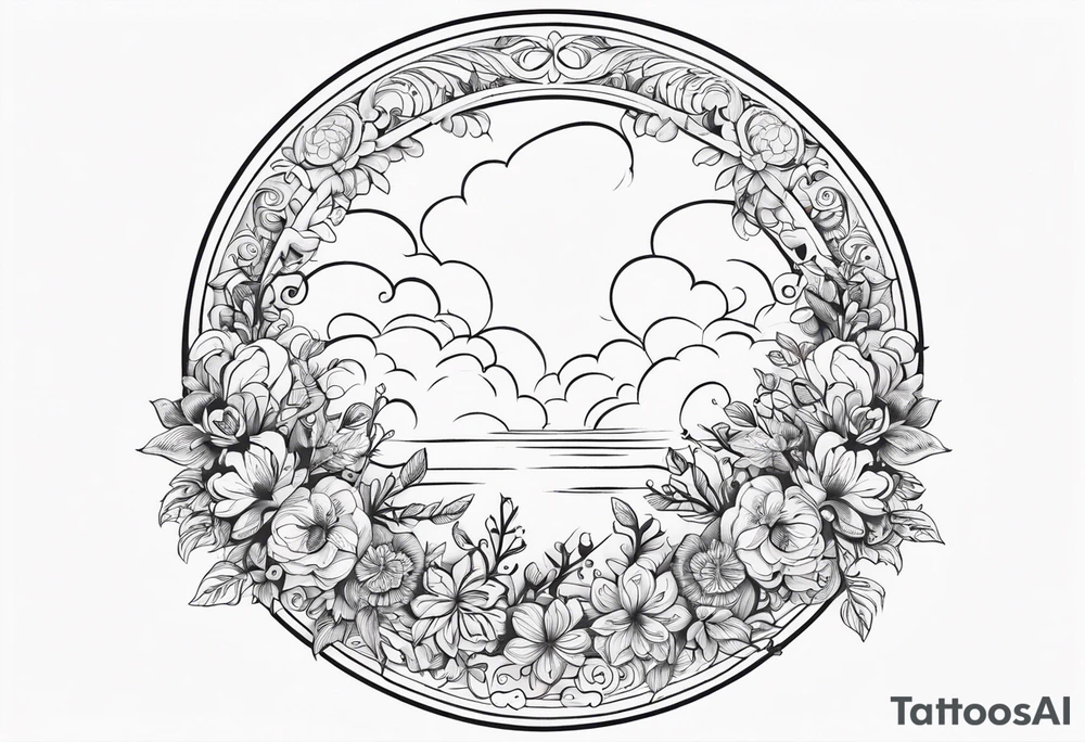 floral clouds circle vignette frame tattoo idea