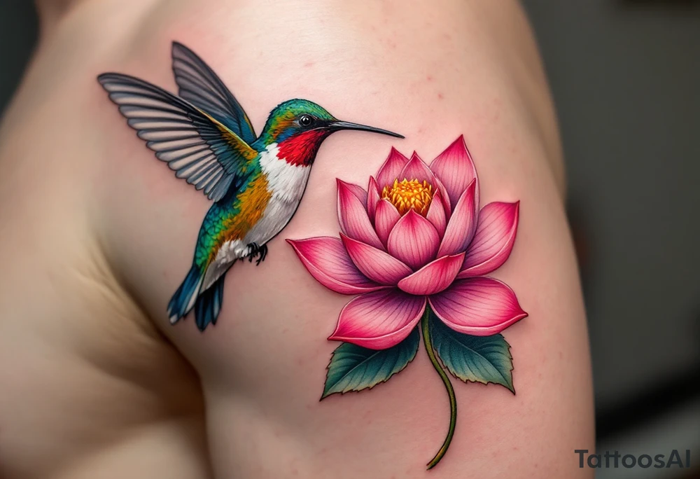 A Hummingbird Drinking from a Lotus Flower (only red, blue and black are possible colors) tattoo idea