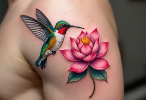 A Hummingbird Drinking from a Lotus Flower (only red, blue and black are possible colors) tattoo idea