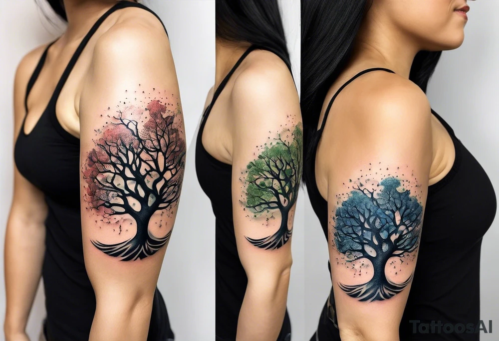 A tattoo of an abstract Tree of Life tattoo to be placed directly on the bicep of a woman. It can wrap around the arm a little. It should have roots growing out of the bottom. The roots slowly turn into water from the Great Wave by Hokusai. A golf flag should be placed discreetly growing out of the ground. 2 license plate tags should be hanging from the tree. Place a few music notes in the areas the leaves should be. The letters A U should be engraving into the tree trunk in a heart. Not inside a circle. The overall shape of the tattoo should be organic. Black and white only. tattoo idea