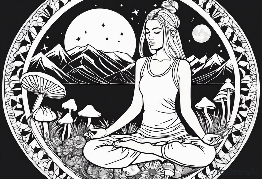 Straight blonde hair girl meditating facing away toward mountains surrounded by mushrooms crescent moon mandala circular design black and white striped dress tattoo idea