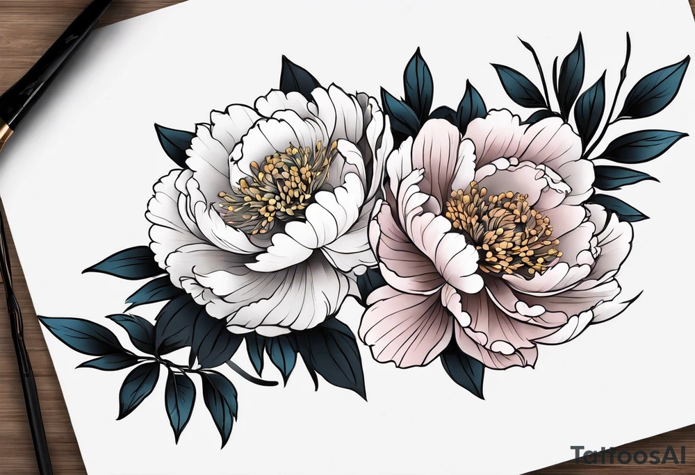 Shoulder and forearm tattoo for woman. Japanese style peony flowers bunch with stems extended to the forearm. Lightly coloured. Thin lines. Add long stems. Not very packed have distance between flowers . Add stems tattoo idea