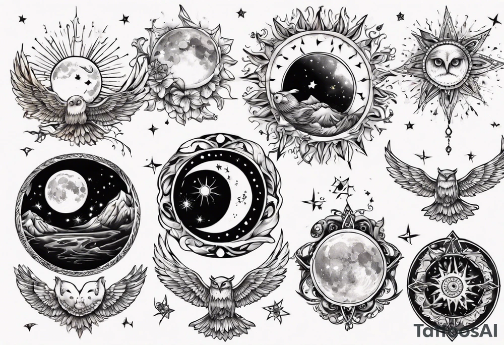 Mond und Sonne mit Eule und Wassermann tattoo idea