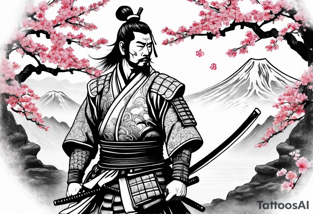 japanese samurai with cherry blossom trees in the back round and japanese traditional tattoos. tattoo idea