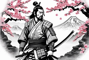 japanese samurai with cherry blossom trees in the back round and japanese traditional tattoos. tattoo idea