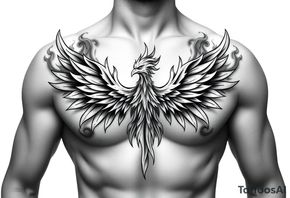Realistic and symmetrical flaming Phoenix rebirth with spread low wings surrounded by fire mapped onto chest only
Phoenix head must be in the middle of the chest, straight and symmetrical 
Fire should be surrounding spread wings
Wings should be spread low only on chest muscle tattoo idea