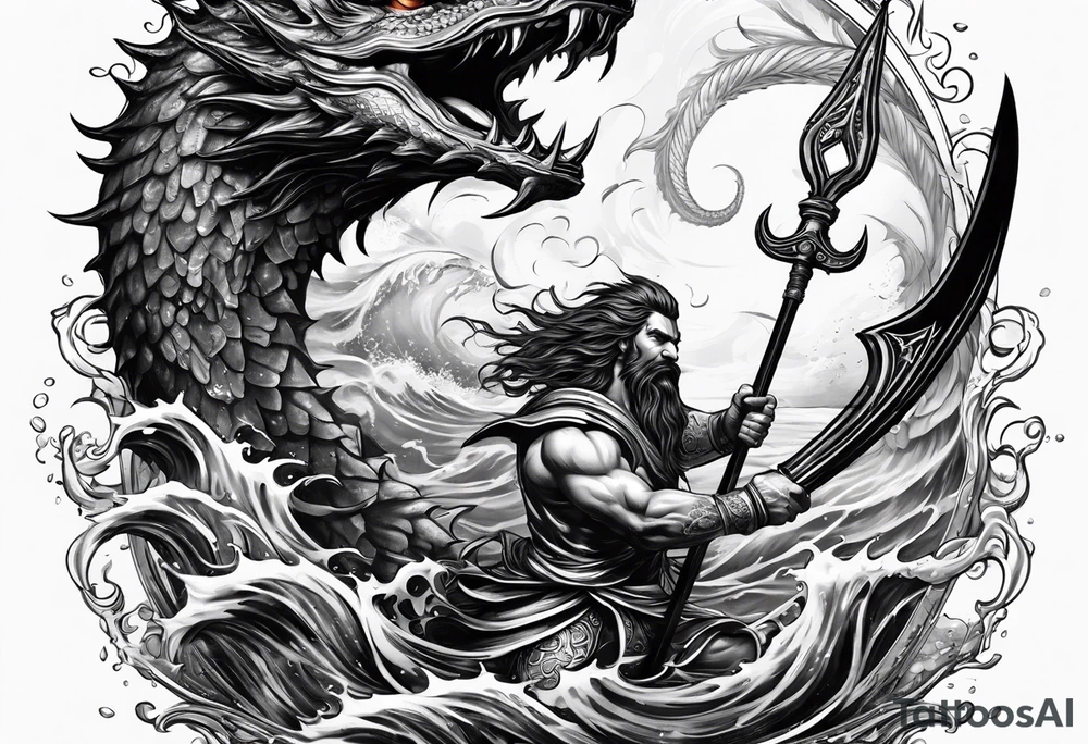 posseidon with his trident in the water fighting a sea water monster tattoo idea