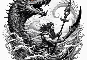 posseidon with his trident in the water fighting a sea water monster tattoo idea