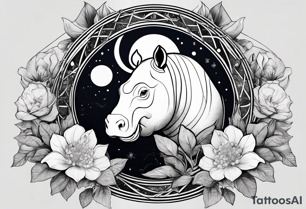 Very asymmetrical, +geometric pattern, with realistic full moon, with seeious looking hippo,,
with wintersweet flower bud, +portrait orientation, +inkart touch, tattoo idea