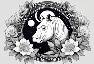 Very asymmetrical, +geometric pattern, with realistic full moon, with seeious looking hippo,,
with wintersweet flower bud, +portrait orientation, +inkart touch, tattoo idea