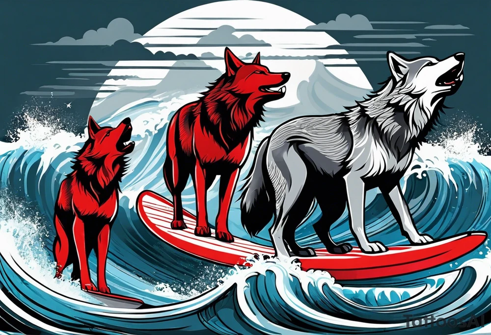a pack of howling muscular  gray wolves surfing with a tropical background with red white and black and gray tattoo idea