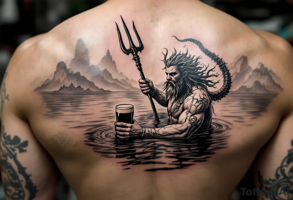 poseidon in calm water, holding a trident, holding a beer tattoo idea