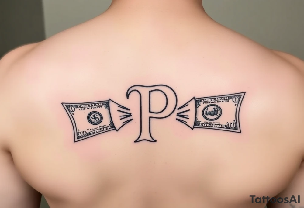 Small Letter P with a dollar bill coming out from the sides tattoo idea