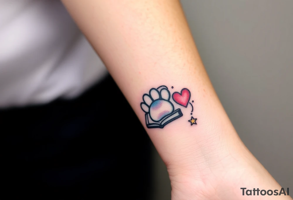 A swirl containing the Treble clef, book, dog paw, star, pokemon psyduck, heart tattoo idea
