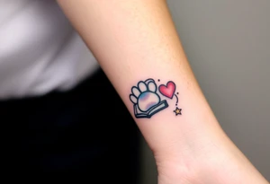A swirl containing the Treble clef, book, dog paw, star, pokemon psyduck, heart tattoo idea