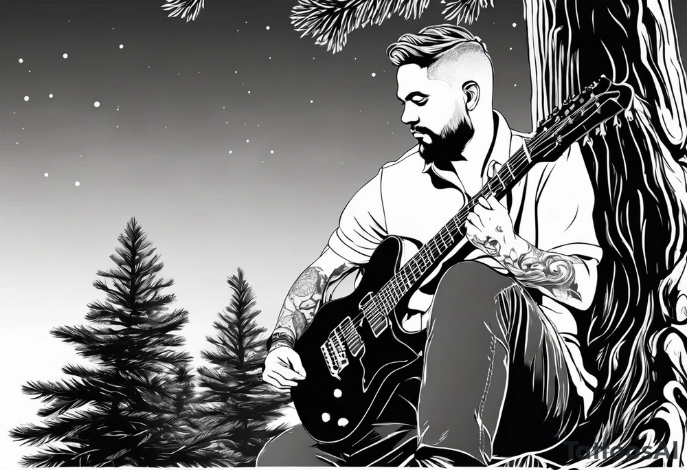 silhouette of a man sitting on a pine tree branch, playing electric guitar tattoo idea