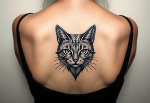 faça uma tatuagem vertical para costas feminina delicada, contendo gato preto, prosperidade, família, espiritualidade e amor tattoo idea