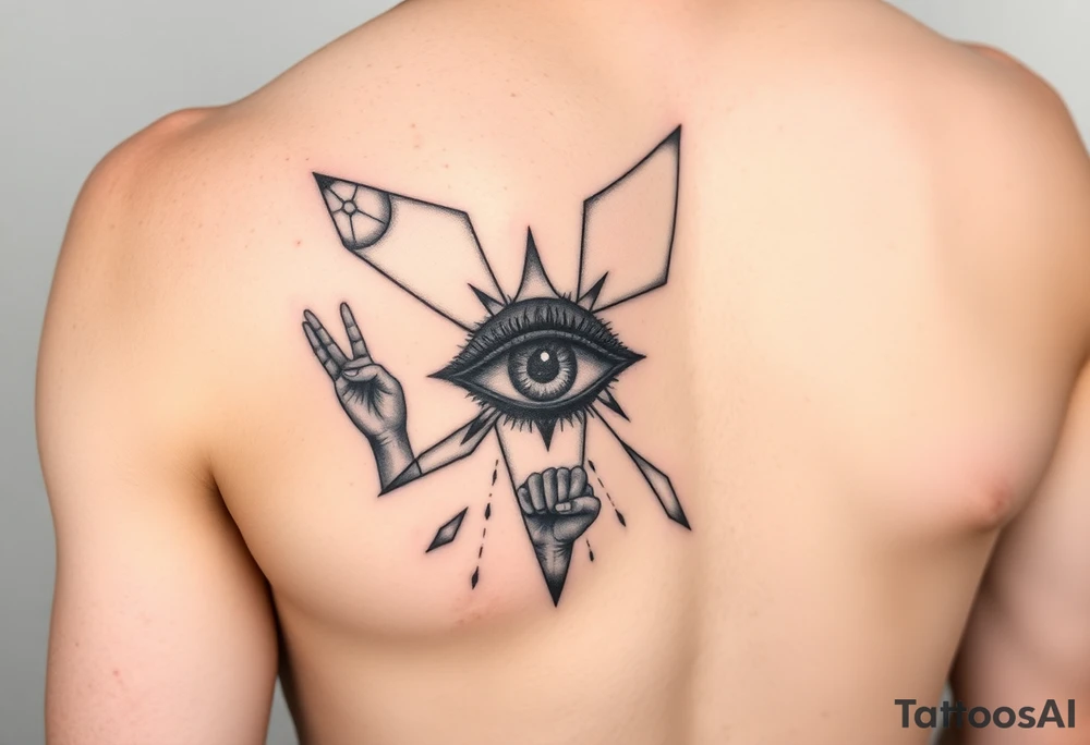 Shattered mirror tattoo design, geometric mirror shards floating, each fragment reflects different aspects - child's hand reaching, adult fist clenched, abstract eye, black ink with geometric patterns, negative space important, upper arm wrap design, abstract symbolic style, transformation theme tattoo idea